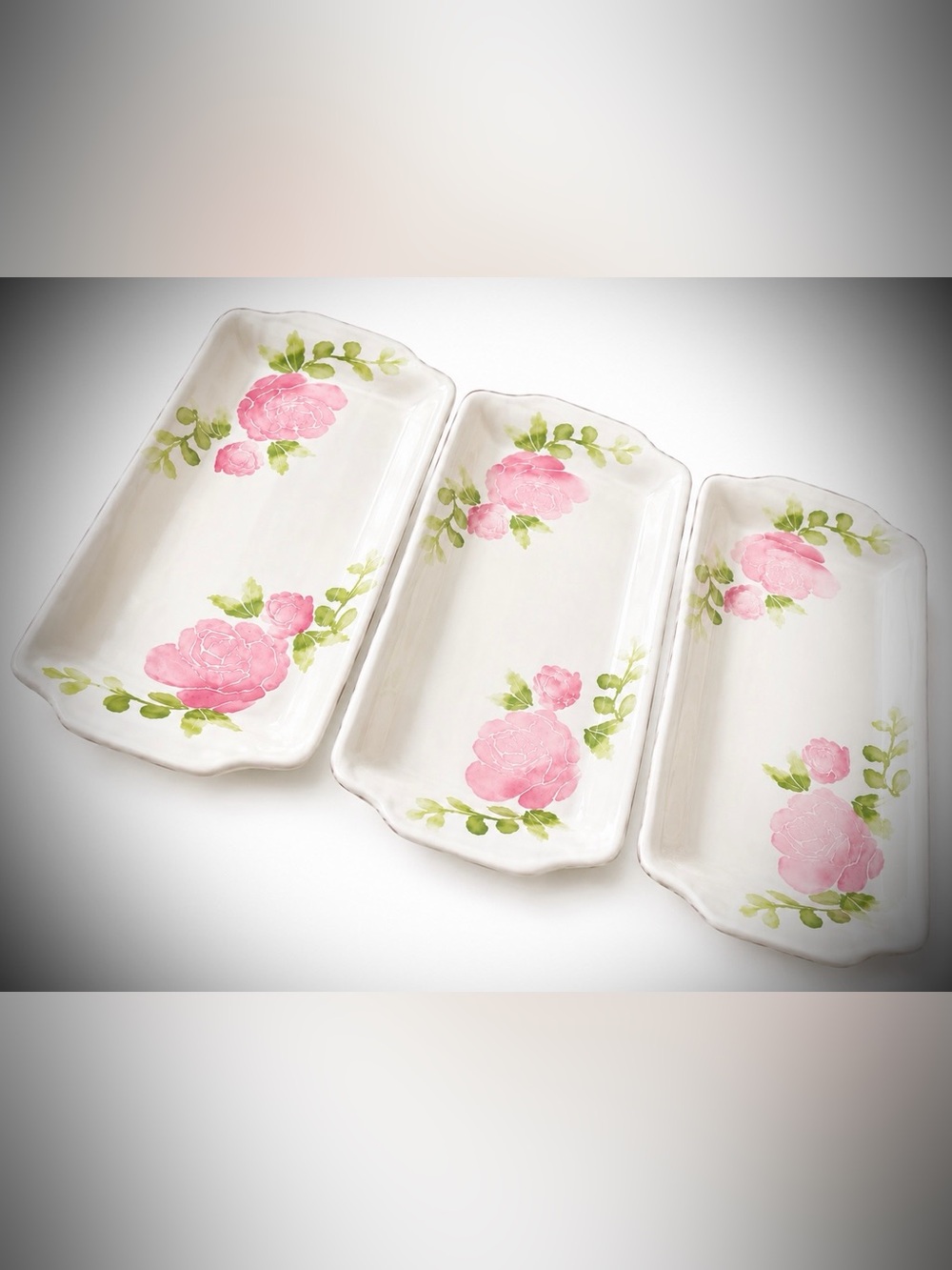 FARVAL Made in Portugal Hand Painted Pink Rose Oblong Ceramic Platters 3pc Set - Picture 2 of 6